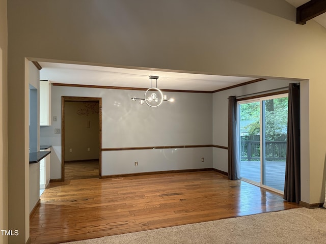 507 Holtz Ln, Cary, NC 27511 - unfurnished dining area with baseboards, light wood finished floors, crown molding, a chandelier, and beamed ceiling