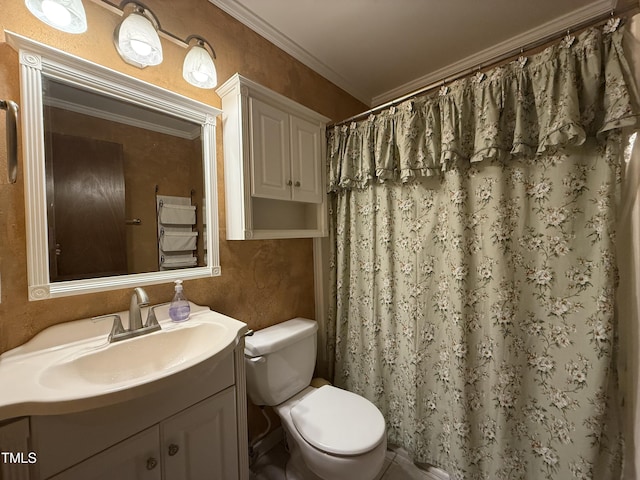 507 Holtz Ln, Cary, NC 27511 - bathroom featuring vanity, toilet, ornamental molding, and a shower with curtain