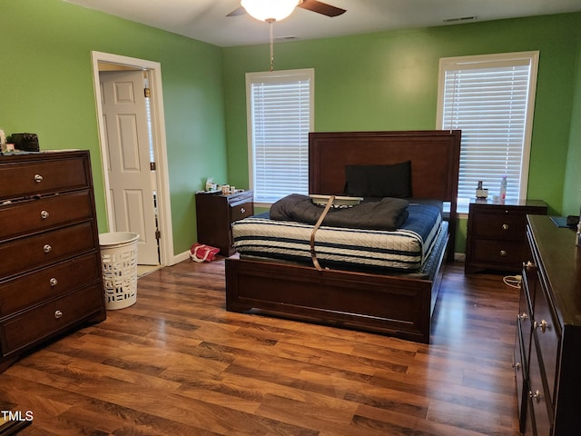 18 Clover Hil Pl, Durham, NC 27712 - bedroom featuring multiple windows, dark wood-type flooring, and ceiling fan