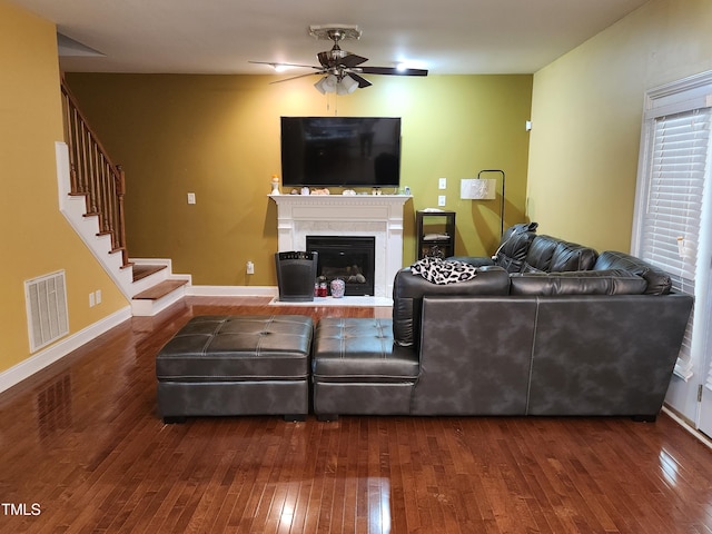 18 Clover Hil Pl, Durham, NC 27712 - living room with hardwood / wood-style flooring, a ceiling fan, stairway, and a glass covered fireplace