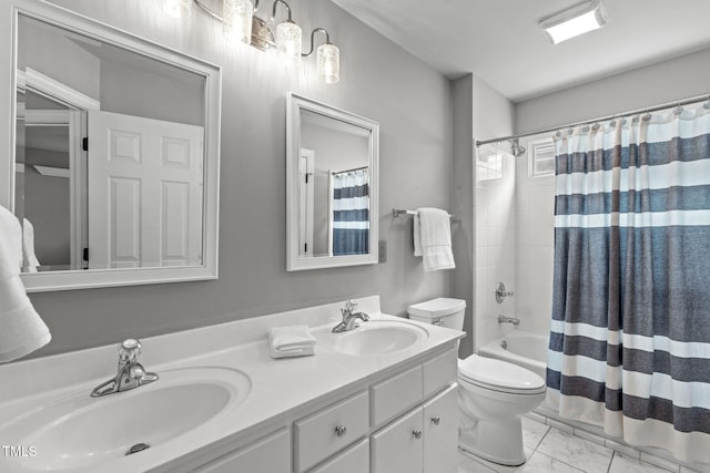 321 Commons Walk Cir, Cary, NC 27519 - bathroom with toilet, double vanity, shower / bath combination with curtain, and marble finish flooring