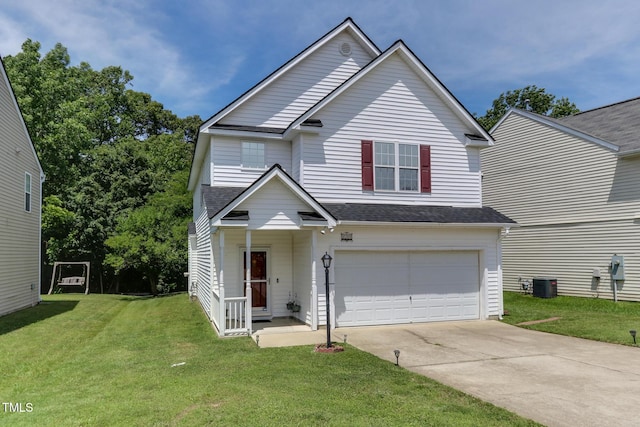 1310 Southgate Dr, Raleigh, NC 27610 - traditional home featuring central AC unit, driveway, a garage, a front lawn, and a shingled roof