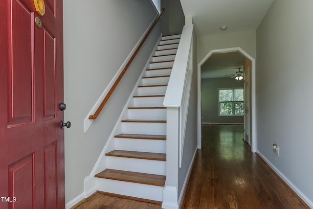 1310 Southgate Dr, Raleigh, NC 27610 - staircase featuring a ceiling fan, wood finished floors, and baseboards