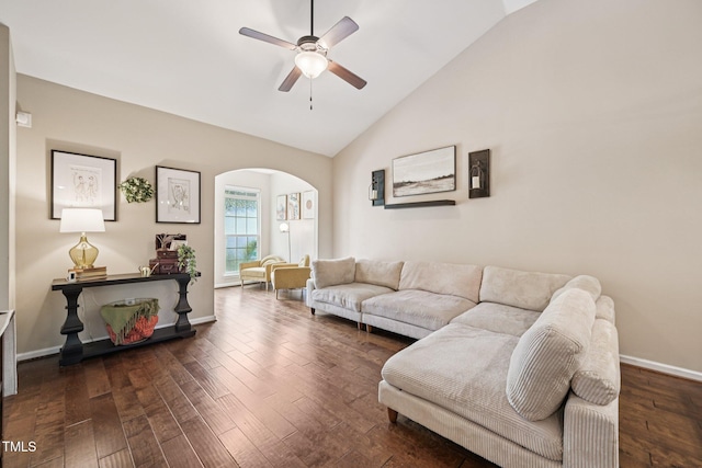 1004 Lake Michael Way, Mebane, NC 27302 - living area with arched walkways, a ceiling fan, hardwood / wood-style flooring, baseboards, and high vaulted ceiling