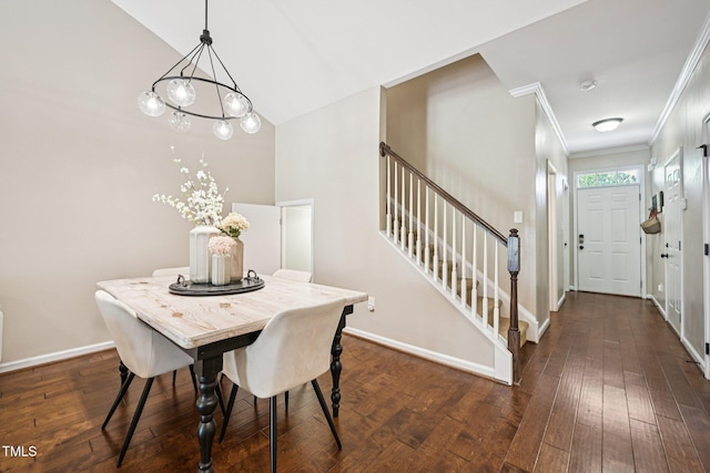 1004 Lake Michael Way, Mebane, NC 27302 - dining area with stairway, dark wood-style flooring, baseboards, and crown molding