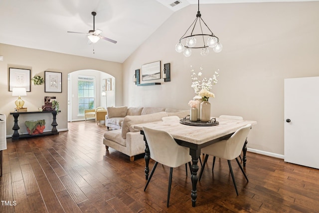 1004 Lake Michael Way, Mebane, NC 27302 - dining area with arched walkways, dark wood-style floors, a ceiling fan, high vaulted ceiling, and baseboards