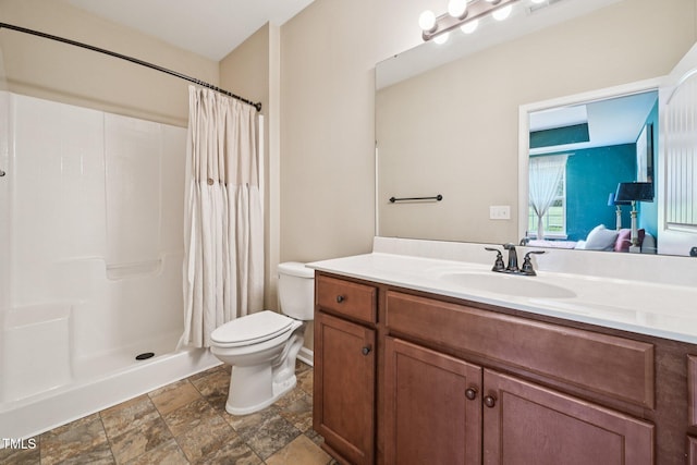 1004 Lake Michael Way, Mebane, NC 27302 - bathroom with toilet, vanity, curtained shower, and stone finish flooring