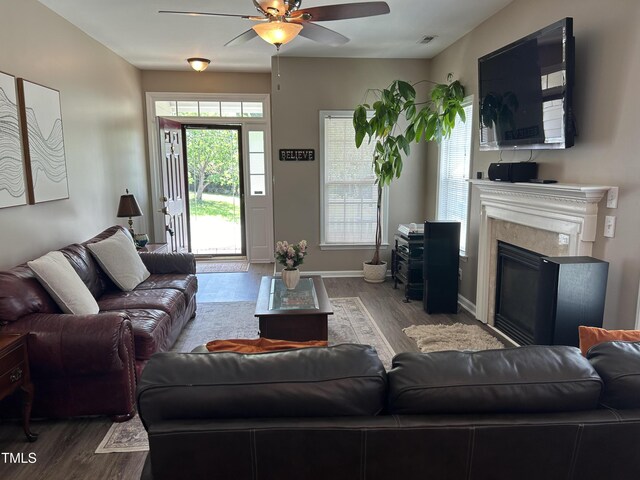 8001 Strawberry Meadows St, Raleigh, NC 27613 - living area with a ceiling fan, wood finished floors, and a high end fireplace