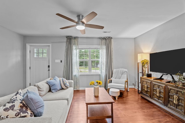 3803 Jonesville Rd, Wake Forest, NC 27587 - living room featuring healthy amount of natural light, ceiling fan, wood finished floors, and baseboards