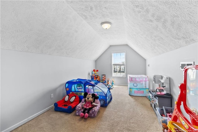1517 Seabiscuit Dr, Parkton, NC 28371 - rec room featuring a textured ceiling, vaulted ceiling, carpet, and baseboards