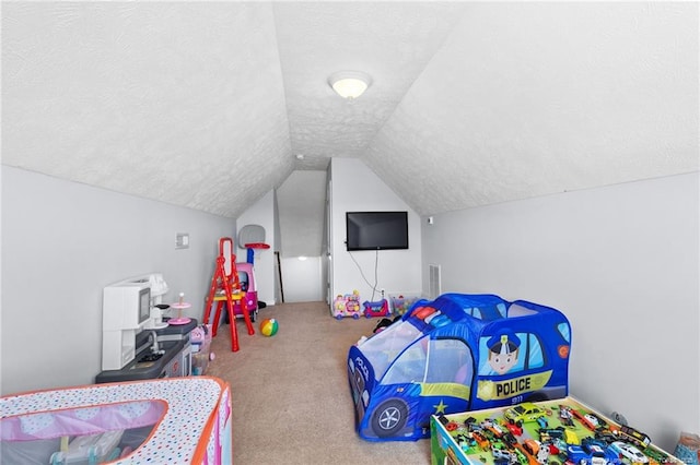 1517 Seabiscuit Dr, Parkton, NC 28371 - recreation room featuring a textured ceiling, carpet flooring, and lofted ceiling