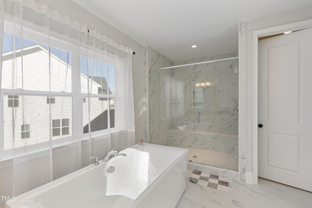 1475 Sierra Glen Cir, Apex, NC 27502 - full bath with a tub to relax in, a marble finish shower, marble finish flooring, and recessed lighting