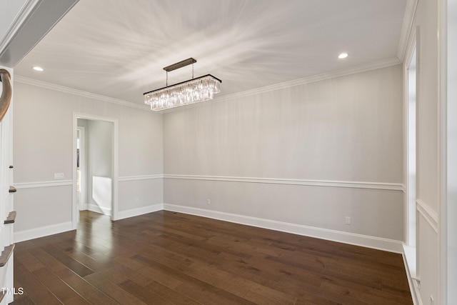 1475 Sierra Glen Cir, Apex, NC 27502 - spare room featuring a chandelier, dark wood finished floors, baseboards, ornamental molding, and recessed lighting