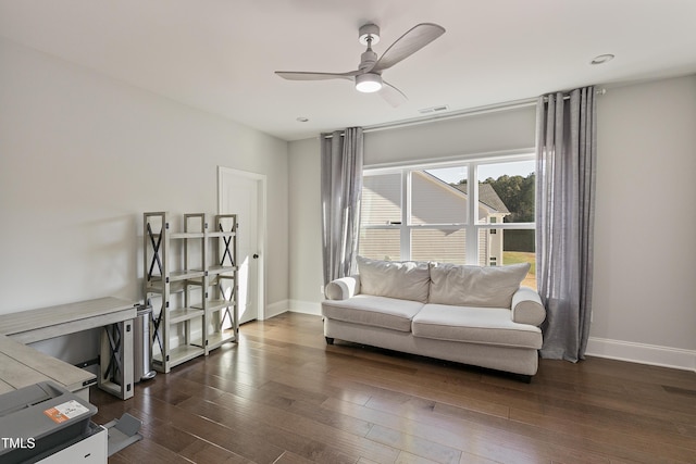 1475 Sierra Glen Cir, Apex, NC 27502 - living room with dark wood finished floors, baseboards, and ceiling fan