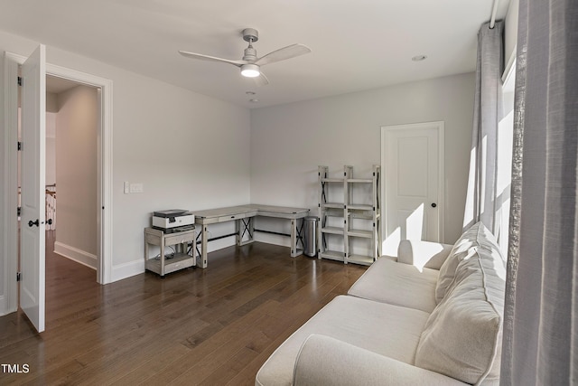 1475 Sierra Glen Cir, Apex, NC 27502 - living area with wood finished floors, a ceiling fan, and baseboards