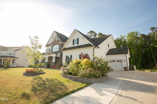 1475 Sierra Glen Cir, Apex, NC 27502 - craftsman-style house featuring concrete driveway, stone siding, a garage, a front yard, and a standing seam roof