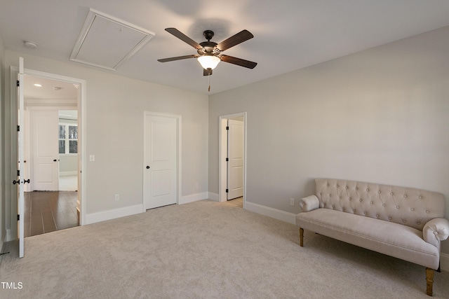 1475 Sierra Glen Cir, Apex, NC 27502 - sitting room with a ceiling fan, carpet, baseboards, and attic access