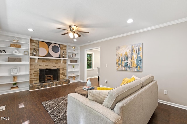 821 Stoneybrook Dr, Sanford, NC 27330 - living room with ceiling fan, baseboards, wood finished floors, recessed lighting, and a tiled fireplace