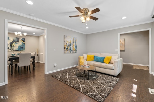 821 Stoneybrook Dr, Sanford, NC 27330 - living area featuring baseboards, a chandelier, wood finished floors, a ceiling fan, and recessed lighting