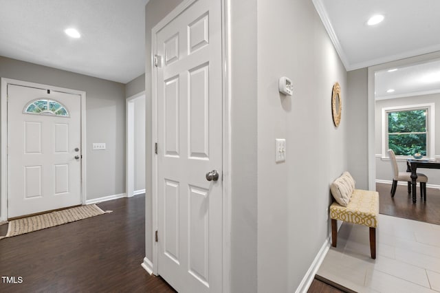 821 Stoneybrook Dr, Sanford, NC 27330 - entrance foyer featuring recessed lighting, baseboards, ornamental molding, and dark wood finished floors