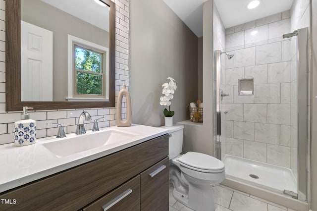 821 Stoneybrook Dr, Sanford, NC 27330 - full bathroom featuring toilet, vanity, a stall shower, and backsplash