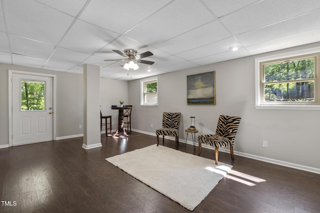 821 Stoneybrook Dr, Sanford, NC 27330 - living area with baseboards, a ceiling fan, wood finished floors, and a drop ceiling