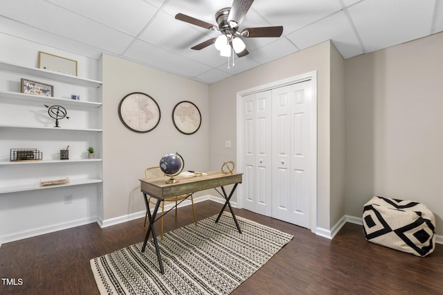 821 Stoneybrook Dr, Sanford, NC 27330 - home office with ceiling fan, wood finished floors, built in features, baseboards, and a paneled ceiling