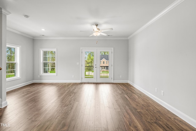 219 Broomgrove Way, Wake Forest, NC 27587 - empty room featuring ceiling fan, dark wood-type flooring, ornamental molding, baseboards, and french doors