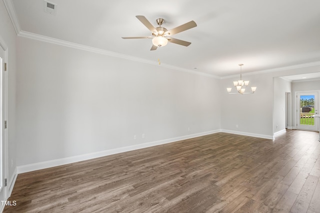219 Broomgrove Way, Wake Forest, NC 27587 - empty room featuring dark wood finished floors, a chandelier, crown molding, baseboards, and a ceiling fan