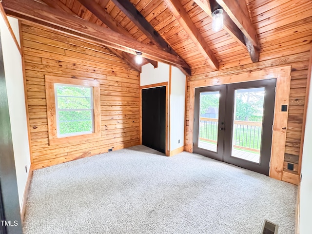1283 Ennis Rd, Angier, NC 27501 - carpeted spare room with french doors, wooden ceiling, wood walls, and plenty of natural light