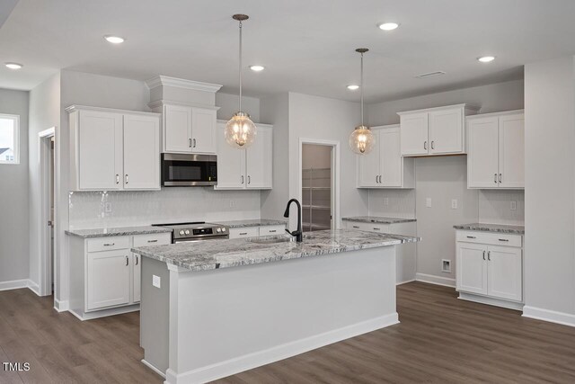 224 Wild Turkey Way, Lillington, NC 27546 - kitchen featuring stainless steel appliances, dark wood-style floors, white cabinets, decorative backsplash, and recessed lighting