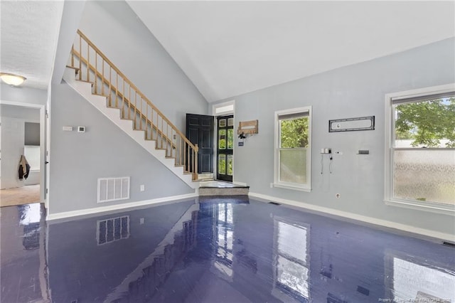1266 Exeter Ln, Fayetteville, NC 28314 - foyer with stairs, lofted ceiling, and baseboards