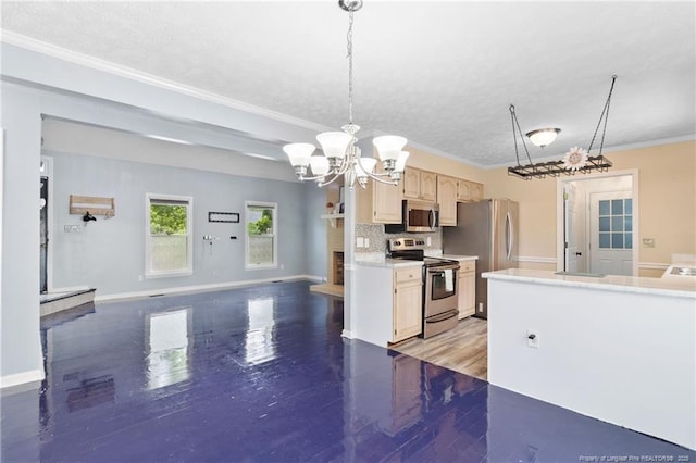 1266 Exeter Ln, Fayetteville, NC 28314 - kitchen with stainless steel appliances, light countertops, a chandelier, crown molding, and light wood finished floors