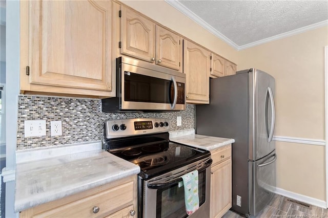 1266 Exeter Ln, Fayetteville, NC 28314 - kitchen featuring stainless steel appliances, light brown cabinets, light countertops, tasteful backsplash, and crown molding