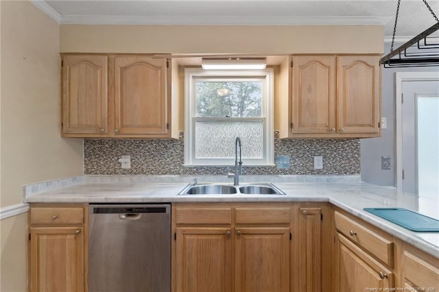 1266 Exeter Ln, Fayetteville, NC 28314 - kitchen featuring dishwasher, a sink, light brown cabinetry, light countertops, and backsplash