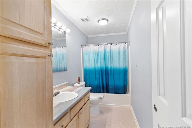 1266 Exeter Ln, Fayetteville, NC 28314 - bathroom featuring vanity, a textured ceiling, toilet, tile patterned flooring, and shower / tub combo