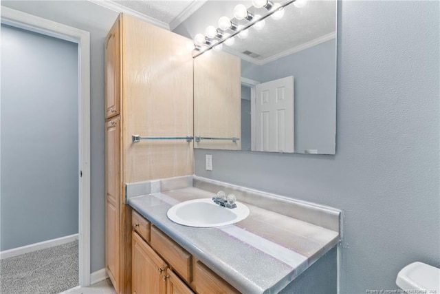 1266 Exeter Ln, Fayetteville, NC 28314 - half bathroom with vanity, crown molding, and toilet