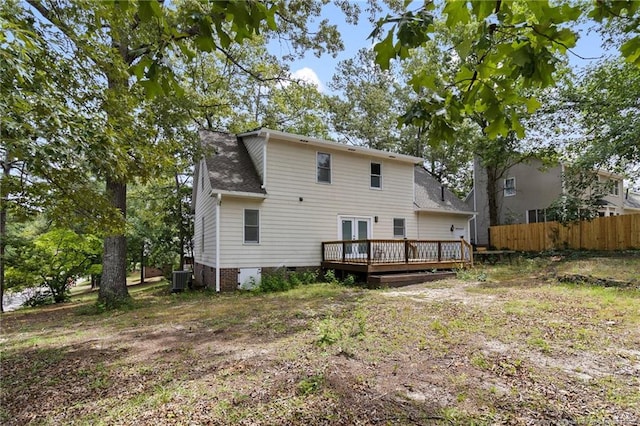 1266 Exeter Ln, Fayetteville, NC 28314 - rear view of property featuring french doors, a wooden deck, crawl space, central AC unit, and roof with shingles