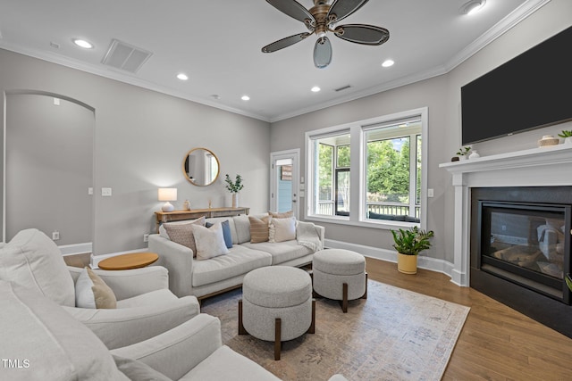 78 Salt Cedar Ln, Chapel Hill, NC 27516 - living room featuring recessed lighting, ornamental molding, ceiling fan, wood finished floors, and baseboards