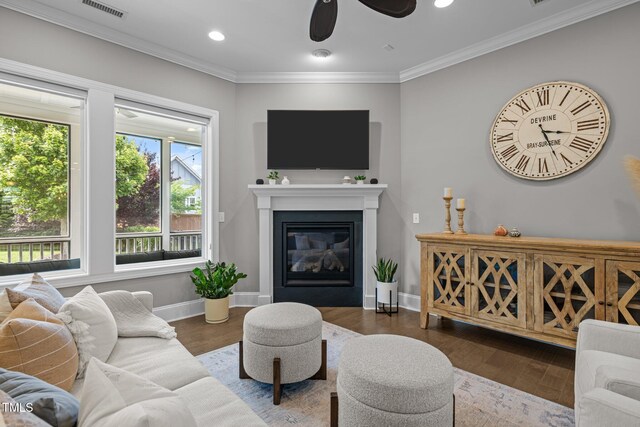 78 Salt Cedar Ln, Chapel Hill, NC 27516 - living room with a ceiling fan, wood finished floors, ornamental molding, a glass covered fireplace, and baseboards
