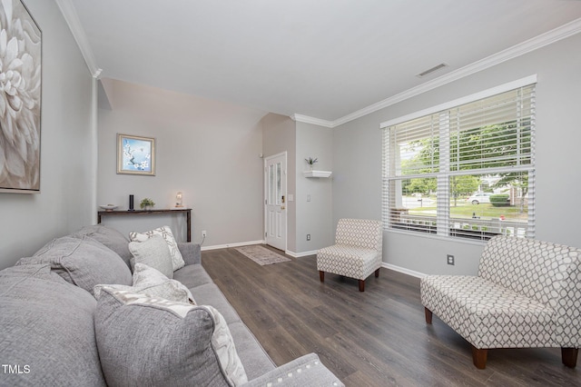 1211 Whispering Oak Ln, Durham, NC 27704 - living area featuring ornamental molding, wood finished floors, and baseboards