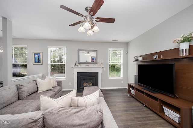 1211 Whispering Oak Ln, Durham, NC 27704 - living area with ceiling fan, plenty of natural light, dark wood finished floors, and a glass covered fireplace