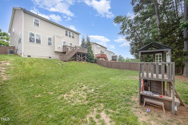 1211 Whispering Oak Ln, Durham, NC 27704 - back of house with crawl space, central AC unit, stairs, a deck, and a gazebo