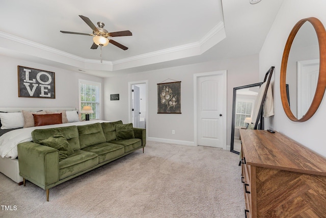 108 Pointe Dr, La Grange, NC 28551 - bedroom featuring a raised ceiling, crown molding, light colored carpet, baseboards, and ceiling fan