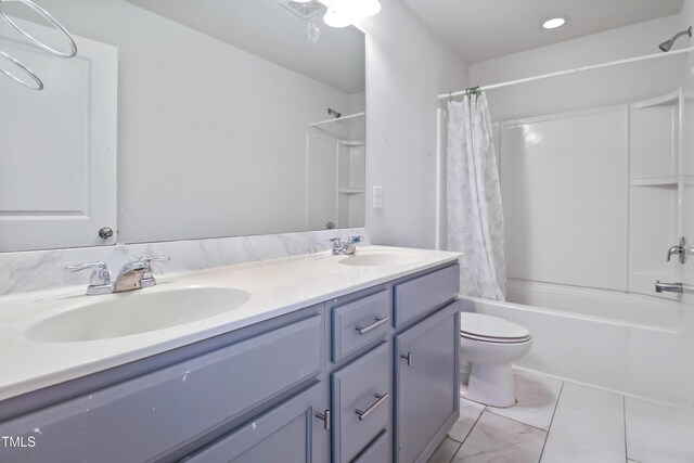1021 Benay Rd, Morrisville, NC 27560 - full bathroom with shower / bath combo with shower curtain, double vanity, toilet, and marble finish floors