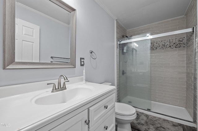1785 Mitchells Chapel Rd, Pittsboro, NC 27312 - full bath featuring toilet, a stall shower, vanity, and ornamental molding