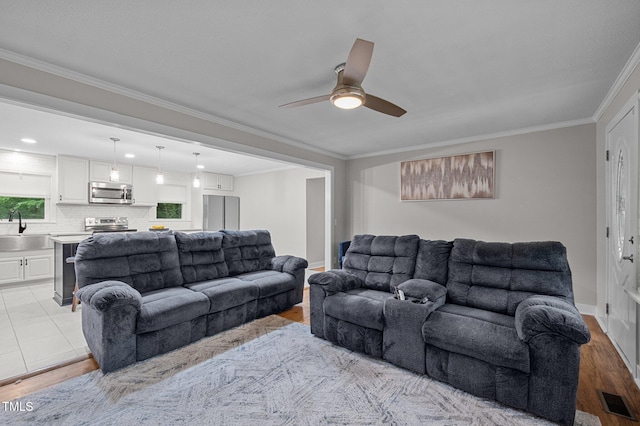 1785 Mitchells Chapel Rd, Pittsboro, NC 27312 - living area featuring ceiling fan, ornamental molding, light wood-style flooring, and baseboards