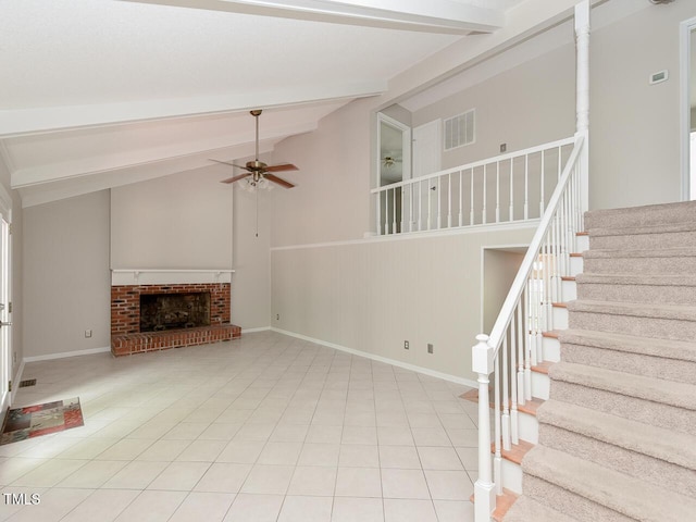 1215 Brookgreen Dr, Cary, NC 27511 - unfurnished living room with ceiling fan, stairway, a fireplace, and baseboards