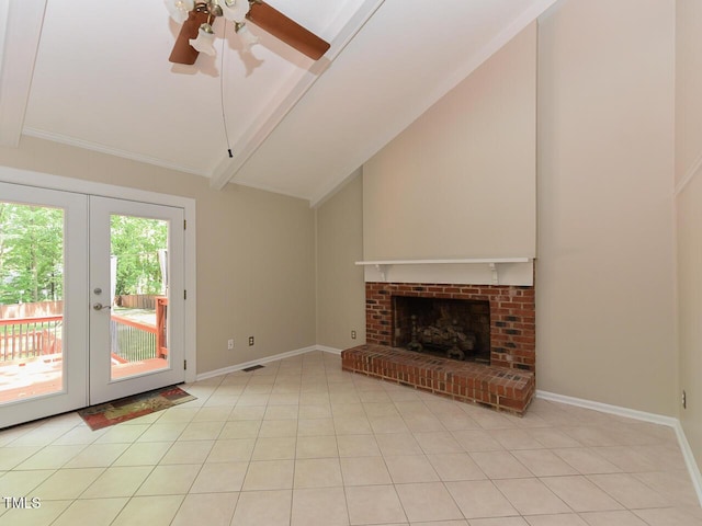 1215 Brookgreen Dr, Cary, NC 27511 - unfurnished living room with a ceiling fan, a fireplace, light tile patterned flooring, high vaulted ceiling, and baseboards