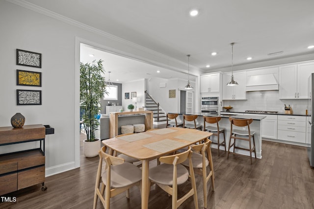 98 Stone Bridge Xing Unit 98, Chapel Hill, NC 27517 - dining space with dark wood-type flooring, stairs, ornamental molding, recessed lighting, and baseboards